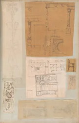 Sida från en klippbok som innehåller ritningar och flera utskrifter av arkitektur, Int..., ca. 1800-1850. Skapare: Workshop av Charles Percier, Workshop av Pierre François Léonard Fontaine.