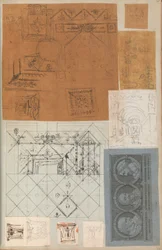 Sida från en klippbok som innehåller ritningar och flera utskrifter av arkitektur, Int..., ca. 1800-1850. Skapare: Workshop av Charles Percier, Workshop av Pierre François Léonard Fontaine.