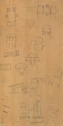 Sida från en klippbok som innehåller ritningar och flera utskrifter av arkitektur, Int..., ca. 1800-1850. Skapare: Workshop av Charles Percier, Workshop av Pierre François Léonard Fontaine.