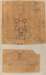 Sida från en klippbok som innehåller ritningar och flera utskrifter av arkitektur, Int..., ca. 1800-1850. Skapare: Workshop av Charles Percier, Workshop av Pierre François Léonard Fontaine.