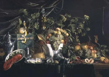 Stilleben med frukt, en fasanpaj och en hummer