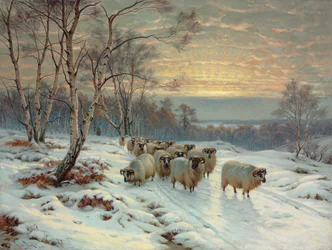 En herde med sin flock i ett vinterlandskap (olja på duk)