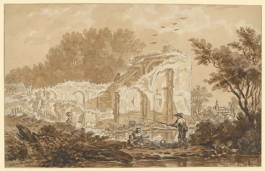 Fiskare med kvinna och barn vid en ruin