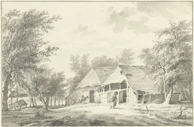 Landskap med gård och kvinna med korg