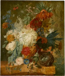 Stilleben med blomsterbukett och fågelbo
