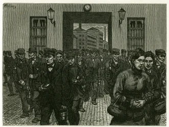 En fabriksutgång i Gent. Gravyr av X. Mellery, efter naturen, för att illustrera berättelsen "" Belgien", 1888, av Camille Lemonnier (1844-1913), konstkritiker och författare. Publicerad i Tour du monde, andra terminen 1883, redigerad av Edouard Charton (1