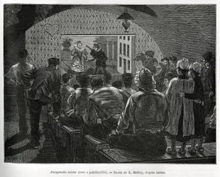 Cellar a Polichinelles, en källare designad för dockteater. Gravyr av X.Mellery, för att illustrera historien om Belgien, av Camille Lemonnier, publicerad i Tour du monde, redigerad av Edouard Charton (1807-1890)