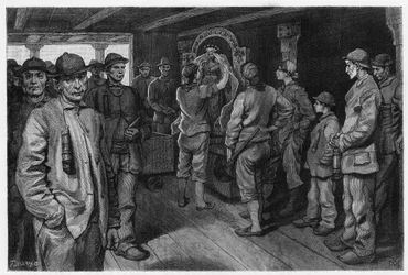 Charbonniere föreställande statyn av Saint Barbe, skyddshelgon för gruvarbetare och brandmän, på den årliga mässan till hennes ära. Gravyr av X.Mellery, för att illustrera berättelsen "" Belgien", av Camille Lemonnier (1844-1913) belgisk författare. Public