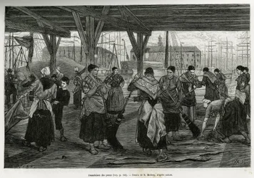 Avsaltning av skinnen, genom att kvinnor skrapar resterna av bestarna som sträcks ut under strukturerna i hallarna i Antwerpens hamn. Gravyr av X.Mellery, för att illustrera historien om Belgien, av Camille Lemonnier, publicerad i Tour du monde, redigera