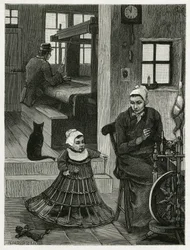 Interiör i bostaden och vävarverkstaden, med vävaren och hjulet, samt ett barn i en flätad kjol som hjälper honom att ta sina första steg. Gravyr av X.Mellery, för att illustrera berättelsen ""La Belgique"", av Camille Lemonnier (1844-19)