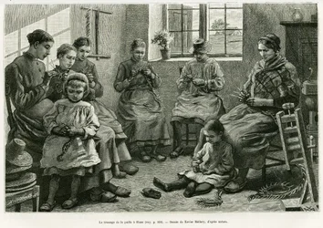 Flätningen av halm har Sluze. Gravyr av Xavier Mellery för att illustrera berättelsen La Belgique, av Camille Lemonnier, i le tour du monde 1886, regisserad av Edouard Charton (1807-1890), Hachette, Paris.