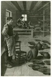 Krukmakaren i Terneuzen, i sin verkstad, tilltäppt med vaser och fat, nära fönstret, keramikern arbetar med leran på selen och hans lärling, nedanför, jobbar på svängen. Gravyr av X.Mellery, efter naturen, för att illustrera historien ""Belgien"", 188