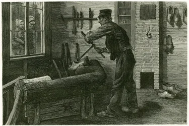 Sabotören av Terneuzen, har sin etablerade, förstorar och gräver veden med hjälp av krammar. Gravyr av X.Mellery, efter naturen, för att illustrera berättelsen "" Belgien", 1888, av Camille Lemonnier (1844-1913), konstkritiker och författare. Publicerad i 