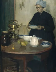 Kvinna vid soffbordet (olja på duk)