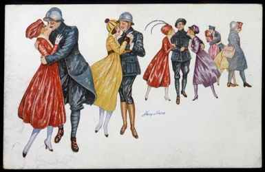 Militär och deras fästmöar, marainer eller vänner - illustration av Xavier Sager (1870-1930) vykort, v.1915