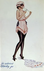 Modellkorsett ca 1830 och dörr - strumpeband. Av Xavier Sager (1870-1930) I "" Korsetten i konst och moral från den 18:e till den 19:e"" av F. Libron och H. Clouzot