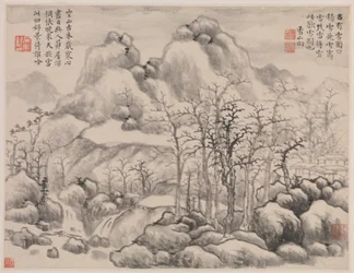 Snölandskap, från Album for Zhou Lianggong, daterat till 1645-55 (dubbelt albumblad från ett kollektivt album med tolv målningar och motstående sidor med kalligrafi; bläck på papper)