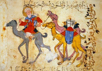 Kamelkaravan i öknen (Karavan). Miniatyr ur „Maqamat“ (Sammankomster) av Abu Mohammed al-Kasim ibn Ali Hariri (eller Al-Hariri eller Al Hariri) (1054-1122), illuminerad av Yahya Mahmud al-Wasiti (al Wasiti) år 1237, Paris, B.N.