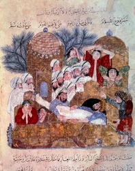 Miniatyrbegravningsscen från "" Maqamat"" (Seances) av Abu Mohammed al-Kasim ibn Ali Hariri (eller Al-Hariri eller Al Hariri) (1054-1122) upplyst av Yahya Mahmud al-Wasiti (al Wasiti) i Paris 1237 , B.N.