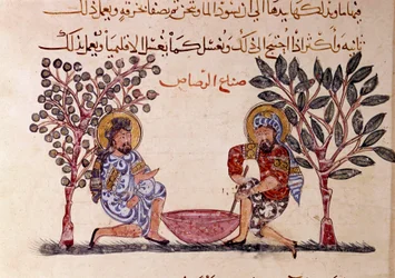 The Making of Lead Page av "" Maqamat"" (Seances), en pikaresk dikt från 1000-talet av den arabiska poeten Abu Mohammed al-Kasim ibn Ali Hariri (eller Al-Hariri eller Al Hariri) (1054-1122) illustrerad av Al-Wasiti (al-Wasiti)