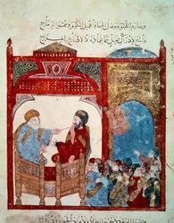 The Wandering Navigator Abu-Zayd (Abu Zayd, Abu Zayd) Miniatyrlärare från "" Maqamat"" (Seanser) av Abu Mohammed al-Kasim ibn Ali Hariri (eller Al-Hariri eller Al Hariri) (1054-1122). Yahya Mahmud al-Wasiti (al-Wasiti) 1237, Paris, Paris, f