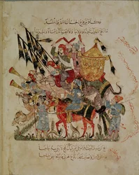 Ar 5847 f.94v, Karavan på väg till Mekka ur ”Maqamat” (Mötena) av Al-Hariri, omkring 1240