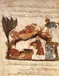 Ms Ar 5847 f.61, Förbereder en fest, från Al Maqamat av Al Hariri, ca 1240 (gouache på veläng)