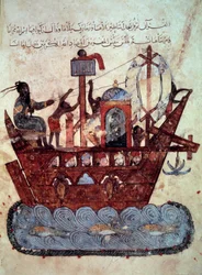 den borgerliga al-Harith (Al Harith), son till Hammam, och den vandrande navigatören Abu-Zayd (Abu Zayd) på en miniatyrbåt från "Maqamat" (Seances) av Abu Mohammed al-Kasim ibn Ali Hariri (eller Al- Hariri eller Al Hariri) (1054-1122) upplyst av Yahya Mahm