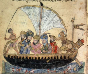 Borgaren al-Harith (Al Harith), Hammams son, och den kringvandrande navigatören Abu-Zayd (Abu Zayd) i en båt på Eufrat. Miniatyr ur Abu Mohammed al-Kasim ibn Ali Hariris (eller Al-Hariri eller Al Hariri) (1054-1122) ”Maqamat” (Sessioner)