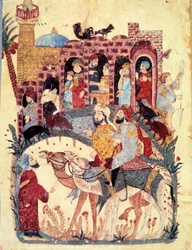 Borgaren al-Harith (Al Harith), son till Hammam, och den vandrande navigatören Abu-Zayd (Abu Zayd, Abu Zayd) anländer till en stad, moskén och minareten, handelsaktiviteter, basarer och kvinnors arbete beskrivs Miniatyr från "Maqamat" (seanser)