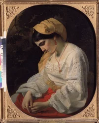 En ung brud (A Bride). Profilporträtt av en ledsen ung kvinna med ett uppgivet uttryck. Målning av Yakov Fyodorovich Kapkov (1816-1854), olja på duk