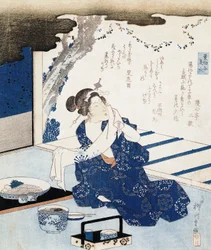 Courtesan bär yukata (blå och vit bomullskimono), väggpanelen är dekorerad med dikt