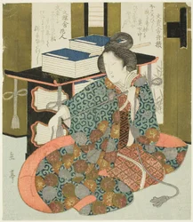 En kvinna som drar i sladden av en bokfodral med hjul, från serien "A Set of Seven for the Katsushika Club"