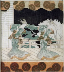 Dansare i traditionell kostym på en scen Japanskt tryck "Surimono" av Yashima Gakutei (1786-1868) 1822 Privat samling