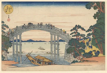 De stenen användning vid de Tenpo berg en de Aji rivier i Osaka Osaka Ajikawa Tenpozan ishibashi (titel på objekt) Beroemde kijkjes bij de Tenpoberg i Osaka (serietitel) Naniwa meisho Tenpozan shokei ichiran (serietitel)