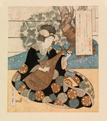 Dam som spelar ett instrument, ca 1804-40 (träsnitt i färg)