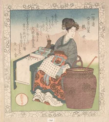 Nuji (japanska: Joki; kvinnlig assistent som sammanställde skrifter av daoistiska vise); ”Papper” (Kami), från Skrivbordets fyra vänner för Ichiyōs poesikrets (Ichiyō-ren Bunbō shiyū) Ur Samlingen Vårregn (Harusame shū), vol. 1