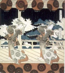 Två dansare uppträder på scenen, från The Dance at Furuichi för Hisakataya Group-serien, ca 1822 (bläck)