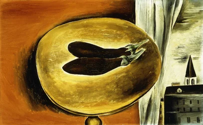 Stilleben med aubergine och stadsbild