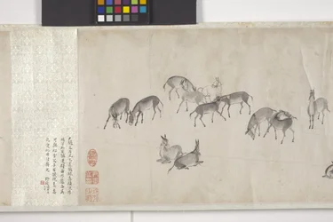 Hundra åsnor transporterar spannmål, Handscroll, ca 1700 (bläck på papper)