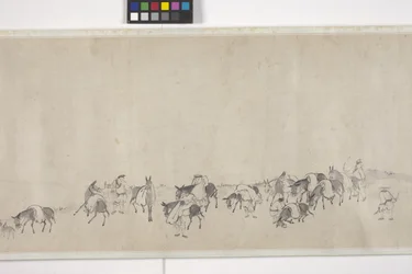 Hundra åsnor transporterar spannmål, Handscroll, ca 1700 (bläck på papper)