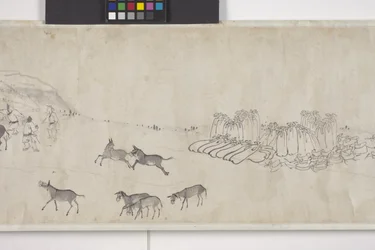 Hundra åsnor transporterar spannmål, Handscroll, ca 1700 (bläck på papper)