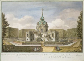 ""Jaktpaviljongen vid Tsarskoye Selo"" av Efim Grigorievich Vinogradov (1725/28-1769), Etsning, akvarell