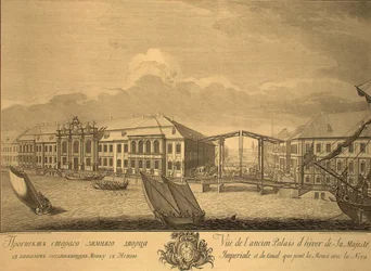 Utsikt över det andra vinterpalatset med kanalen som förbinder Moika med Neva, 1753