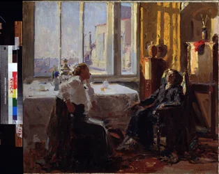 I en konstnärs ateljé. Målning av Yefim Mikhailovich Cheptov (1875-1950). Olja på duk