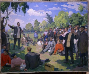 Arbetardagen 1:a 1891 (maj 1891). Vilodag och insamling av arbetare i en solig park. Målning av Yefim Mikhailovich Tcheptsov (1875-1950), olja på duk 1935. Sovjetisk konst från 1900-talet. Ryska statens museum, Saint
