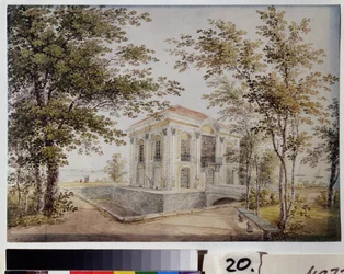 Eremitagepaviljongen i Peterhof. Denna paviljong, även kallad nya Monplaisir, byggdes 1725 av arkitekten J. F. Braunstein. Verk av Yegor Yegorovich Meier (1822-1867), akvarell på papper, omkring 1850. Ar