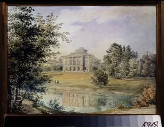 Utsikt över Pavlovsk-palatset (Sankt Petersburg). (Utsikt över Pavlovskpalatset). Byggt mellan 1782 och 1786 av arkitekten Charles Cameron. Verk av Yegor Yegorovich Meier (1822-1867), akvarell på papper