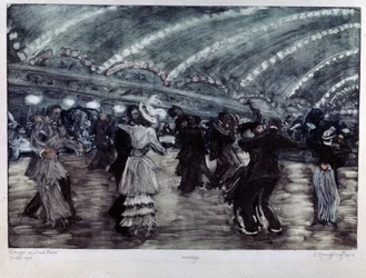 Tango a Luna Park (Tango Dance at Luna Park). Par dansare på ett brett golv, upplysta från taket av girlander av ljus. Konstverk av Yelisaveta (Elisabeth) Sergeyevna Kruglikova (Elizaveta Sergeevna Krouglikova) (1865-1941), gravyr (