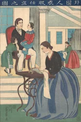 Utländsk familj med fru som tillverkar kläder, 1860.